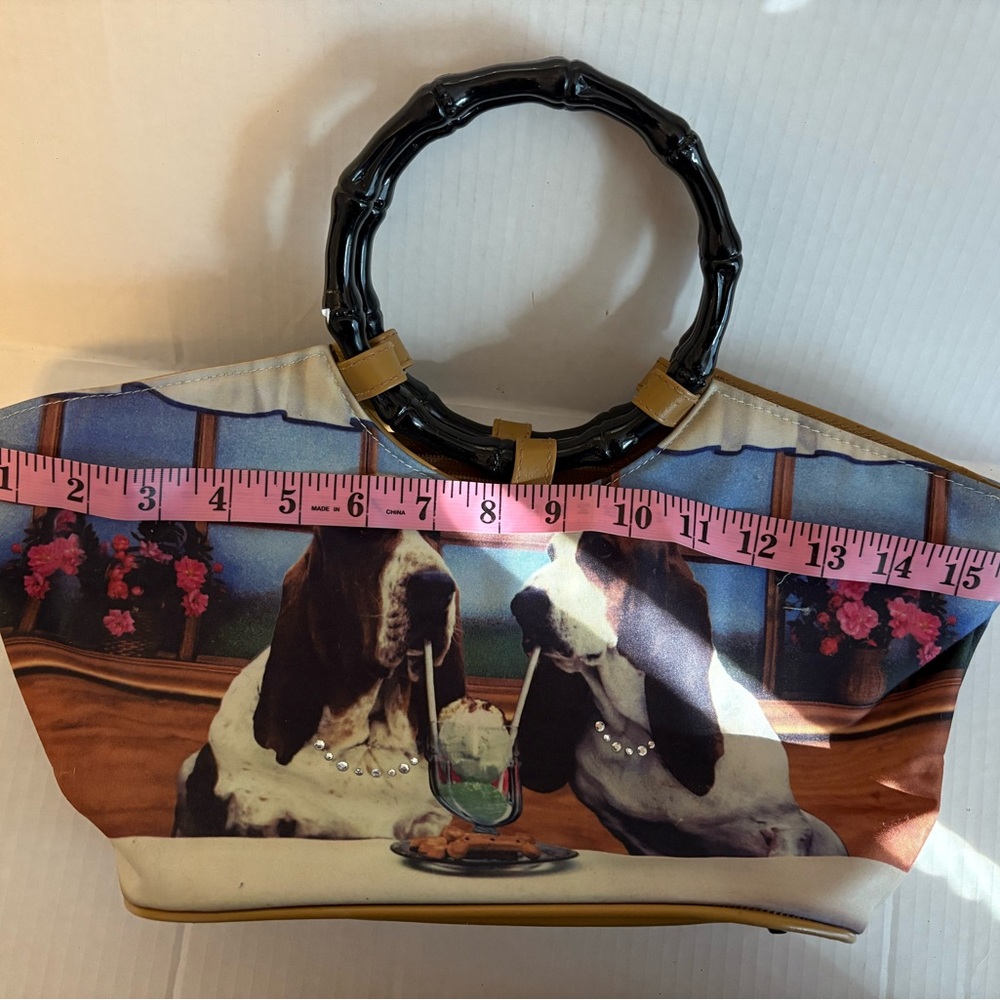 Basset Hound Dog Print Handbag with Bamboo Handles - Picture 10 of 11